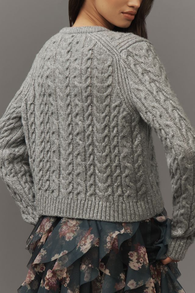 By Anthropologie Long-Sleeve Cable-Knit Crew-Neck Shine Cardigan Sweater #1