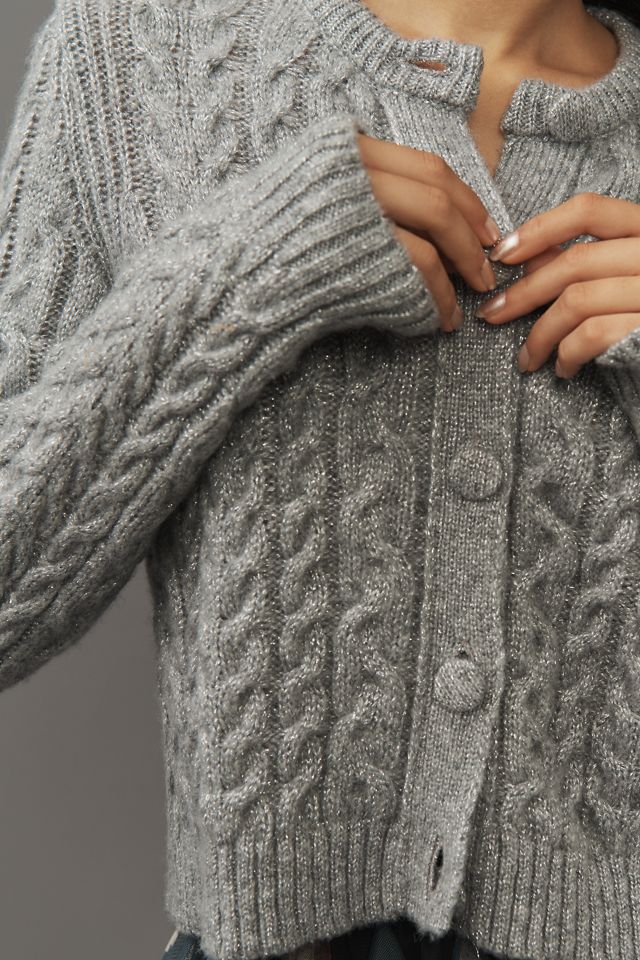 By Anthropologie Long-Sleeve Cable-Knit Crew-Neck Shine Cardigan Sweater #3