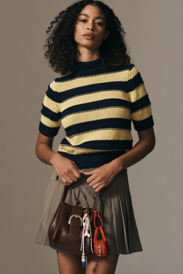 PILCRO STRIPED SHORT SLEEVE MOCK-NECK SWEATER 