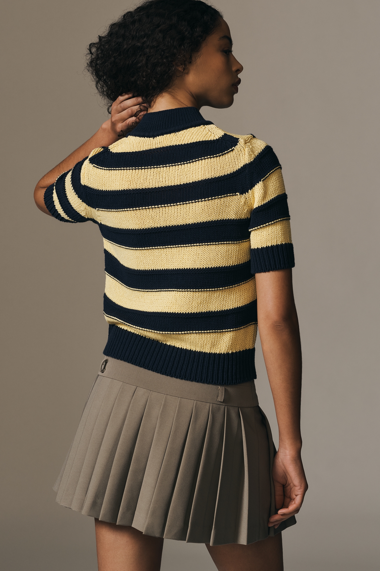 Pilcro Striped Short Sleeve Mock-Neck Sweater
