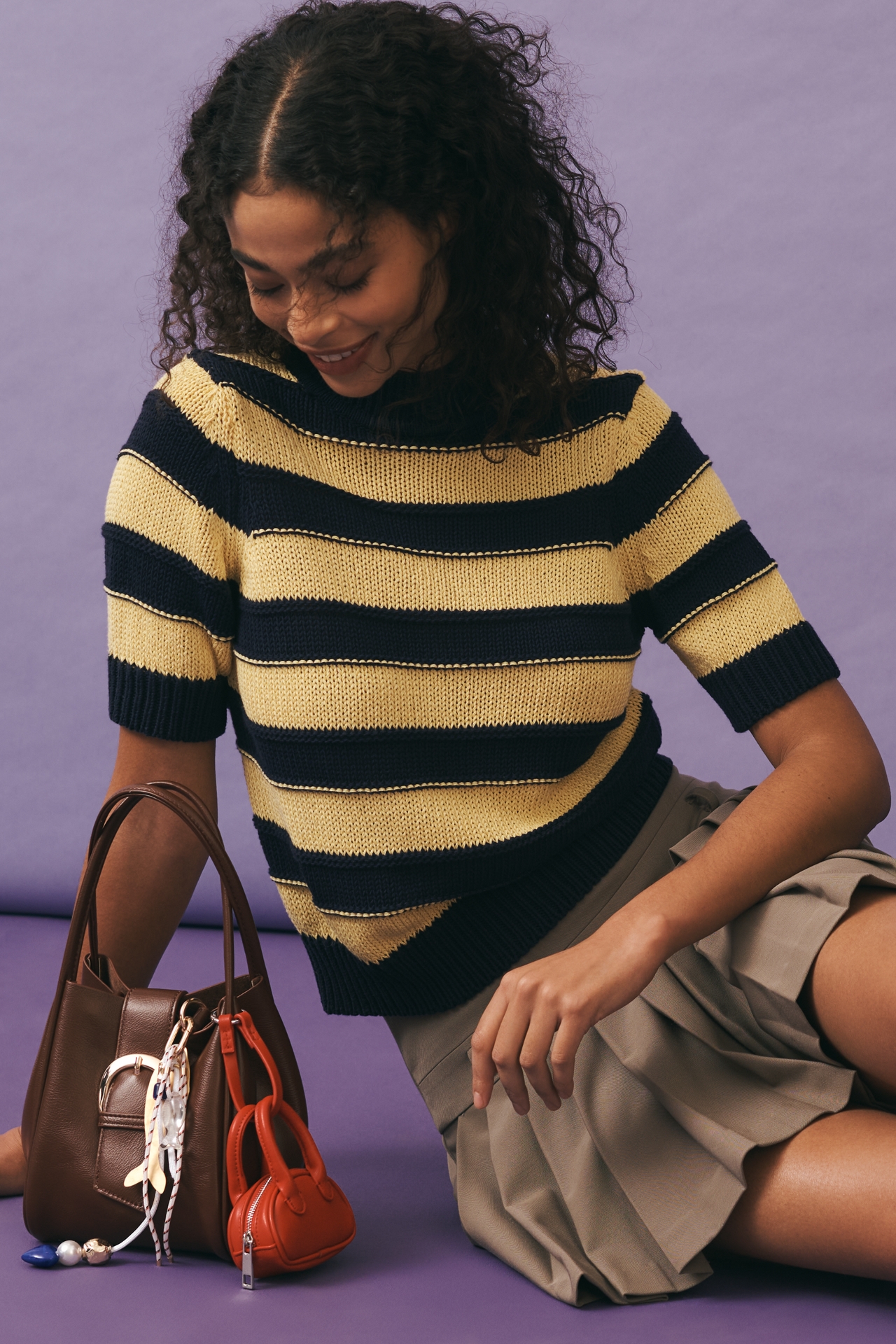 Pilcro Striped Short Sleeve Mock-Neck Sweater