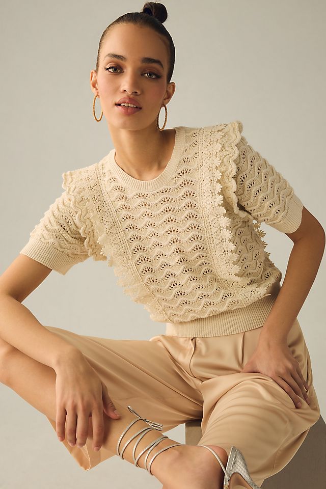 Kachel Shimmer Crochet Sweater Tee - cute summer tops for women