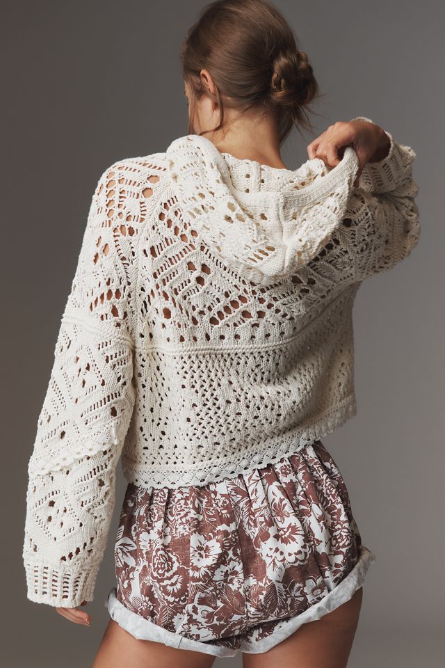 By Anthropologie Boxy Crochet Hooded Sweater #1