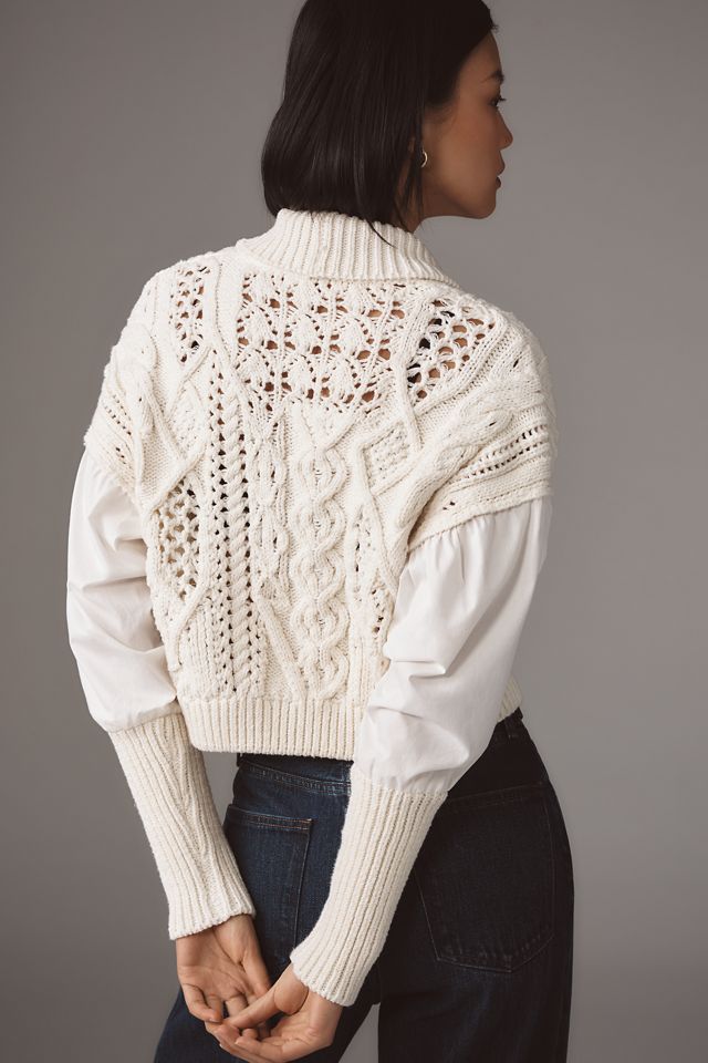 By Anthropologie Balloon-Sleeve Twofer Cable-Knit Cardigan Sweater #1