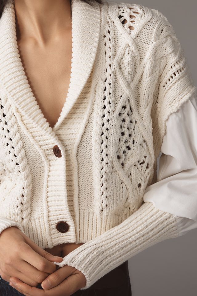 By Anthropologie Balloon-Sleeve Twofer Cable-Knit Cardigan Sweater #2