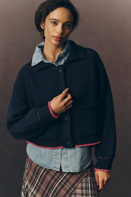 Pilcro The Jesse Dog Icon Cardigan Sweater By  In Blue