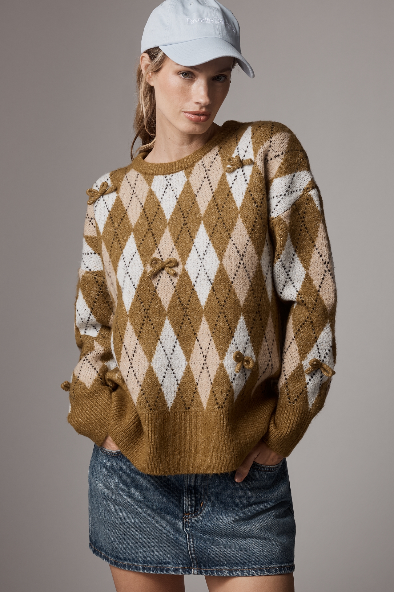 Maeve 3D Bow Argyle Crew-Neck Sweater