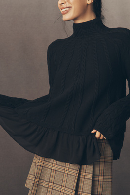 By Anthropologie Mock-neck Sheer Mixed Media Sweater In Black