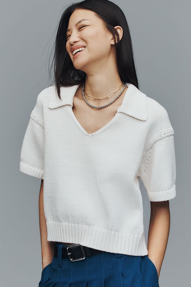 Maeve Collared V-Neck Ribbed Hem Short-Sleeve Sweater #1
