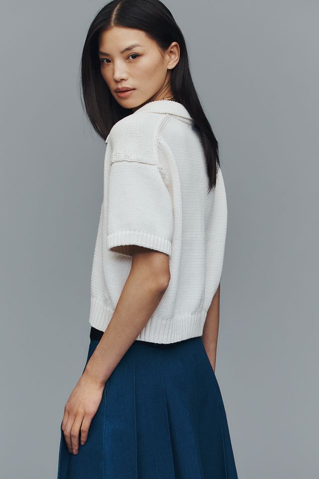 Maeve Collared V-Neck Ribbed Hem Short-Sleeve Sweater #2