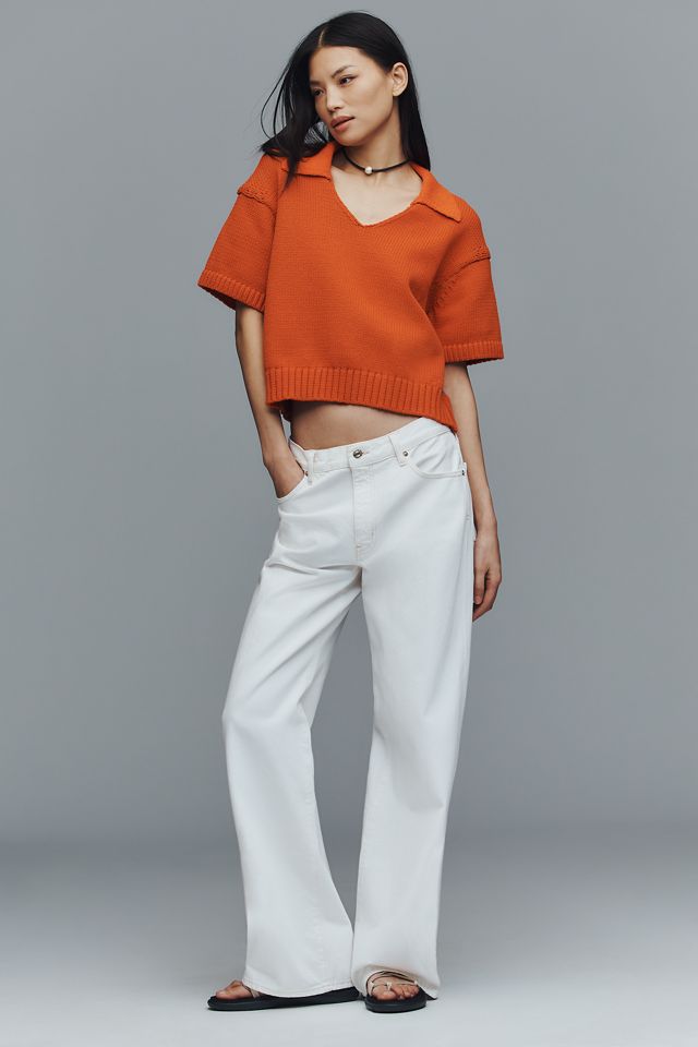 Maeve Collared V-Neck Ribbed Hem Short-Sleeve Sweater #1