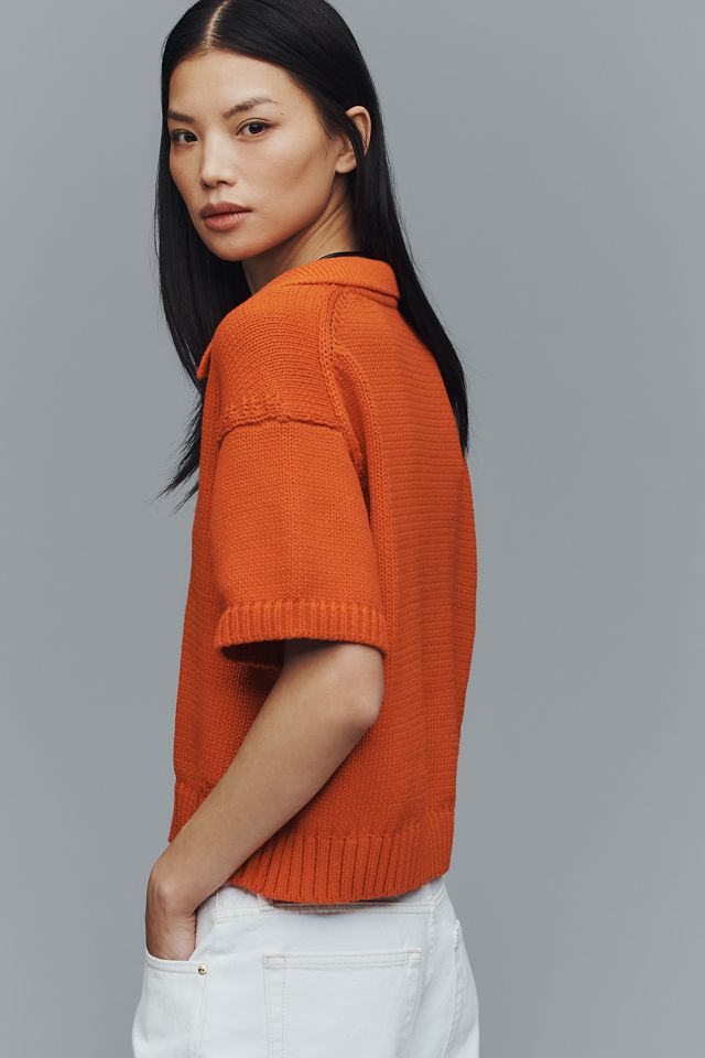 Maeve Collared V-Neck Ribbed Hem Short-Sleeve Sweater #2