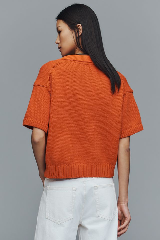 Maeve Collared V-Neck Ribbed Hem Short-Sleeve Sweater #3