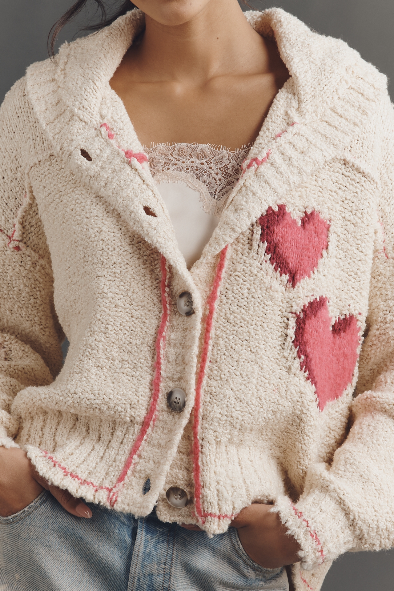 Pilcro Candy Heart Collared Long-Sleeve Cardigan Sweater