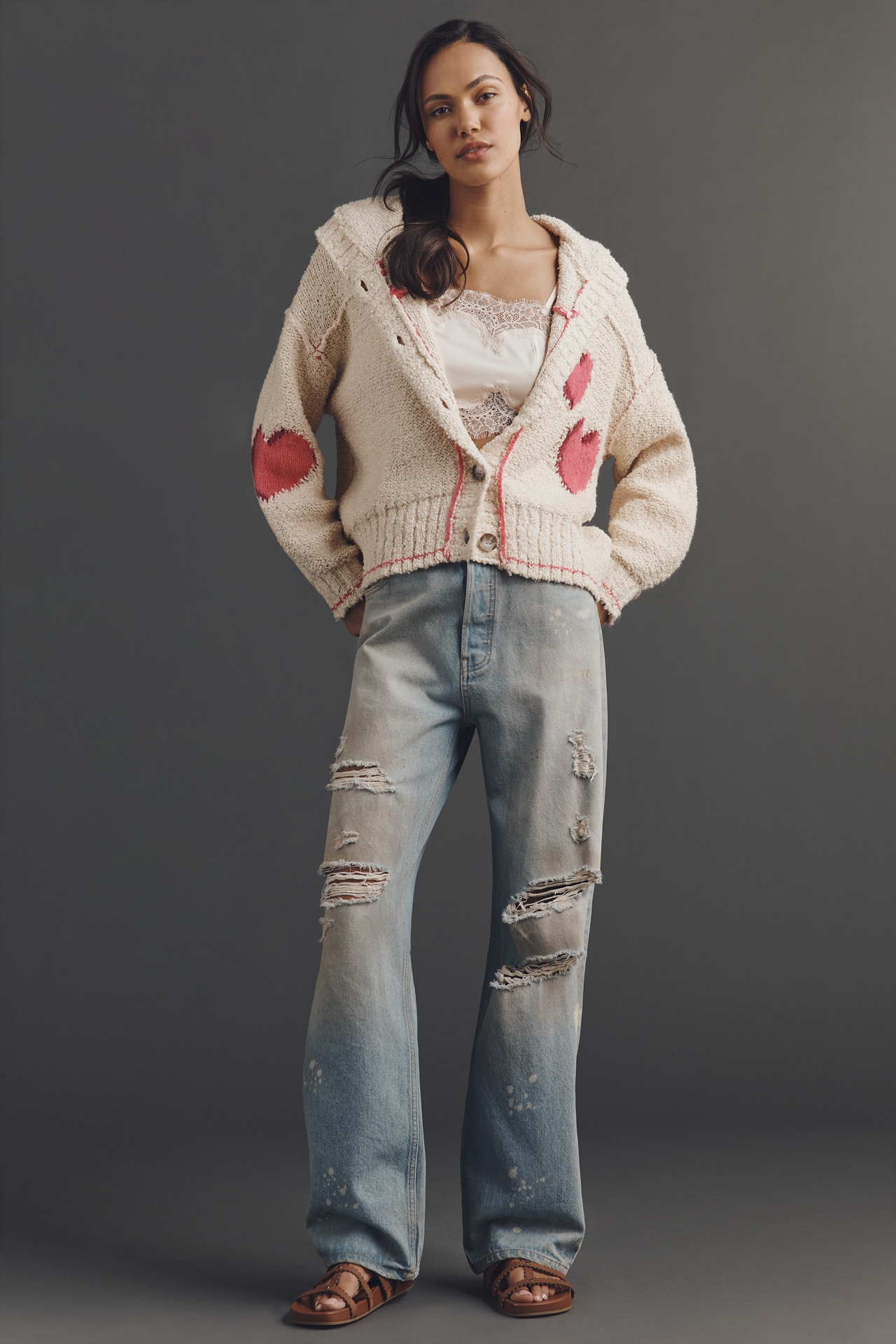 Pilcro Candy Heart Collared Long-Sleeve Cardigan Sweater