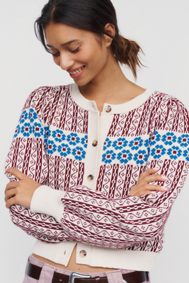 Cotton Wool Cropped Puff-Sleeve Cardigan in Red Floral