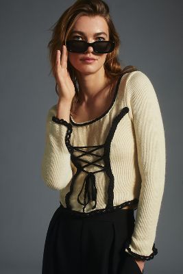 Tach Clothing Tach Lace-up Corset Sweater In Beige