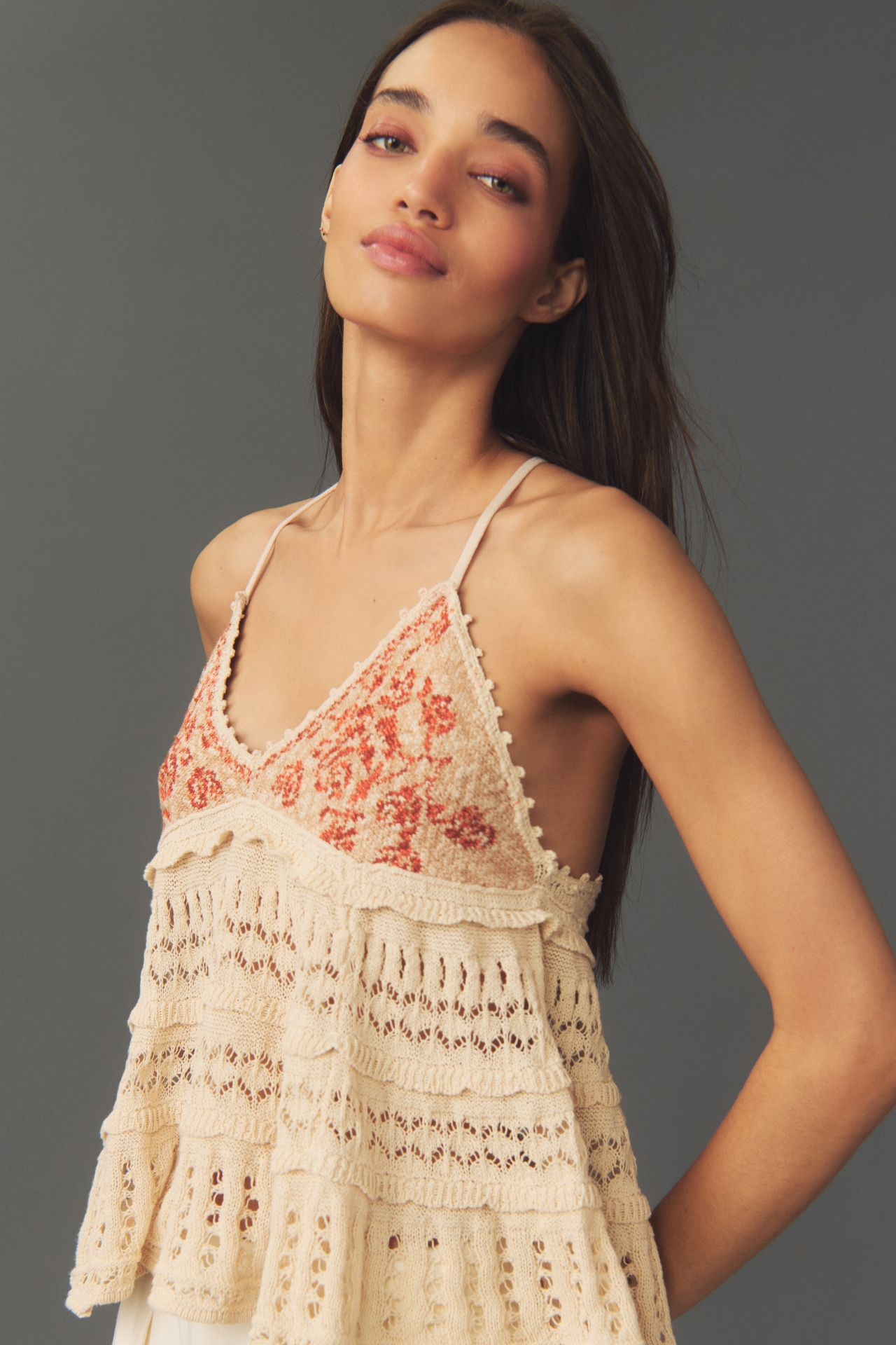 By Anthropologie Floral Crochet Babydoll Sweater Tank