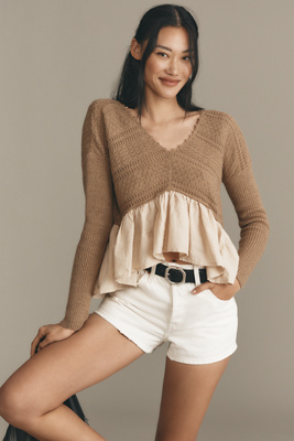 By Anthropologie Twofer Sweater Peplum Blouse In Brown