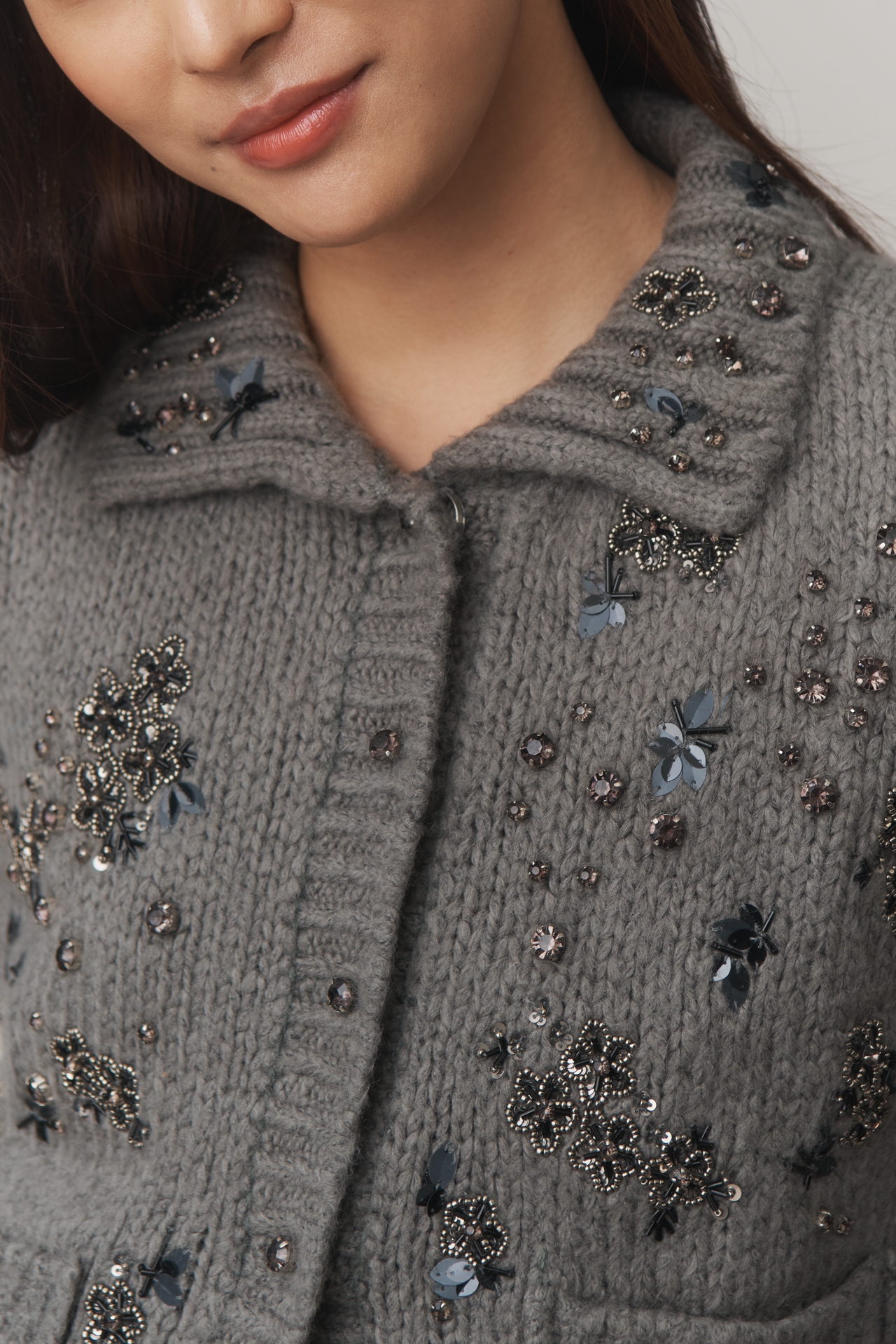 Pilcro Embellished Floral Collared Cardigan Sweater