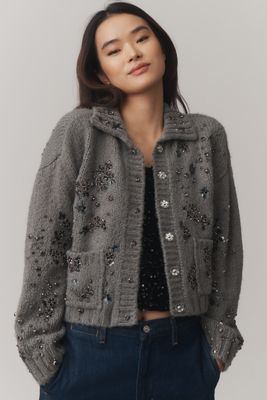 Pilcro Embellished Floral Collared Cardigan Sweater