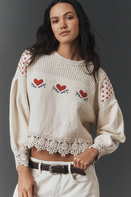 Pilcro Embroidered Lace-Trim Sweater | Anthropologie