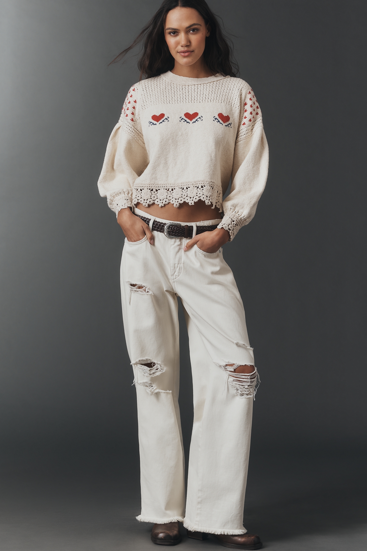 Pilcro Embroidered Lace-Trim Sweater
