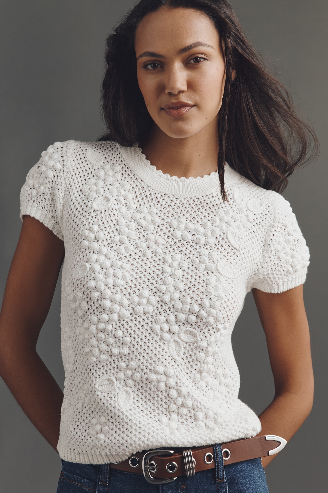 By Anthropologie 3D Floral Short-Sleeve Crew-Neck Sweater