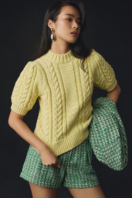 English Factory Puff-sleeve Cable-knit Sweater In Yellow