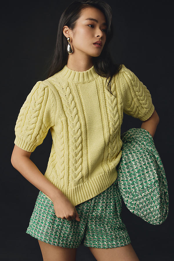 English Factory Puff-sleeve Cable-knit Sweater In Yellow