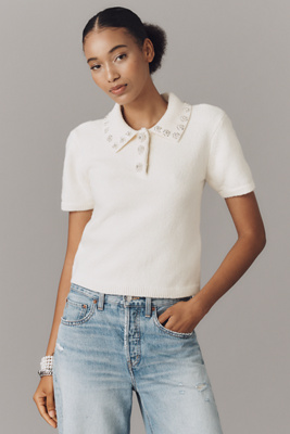 English Factory Short-sleeve Embellished Polo Sweater In Neutral