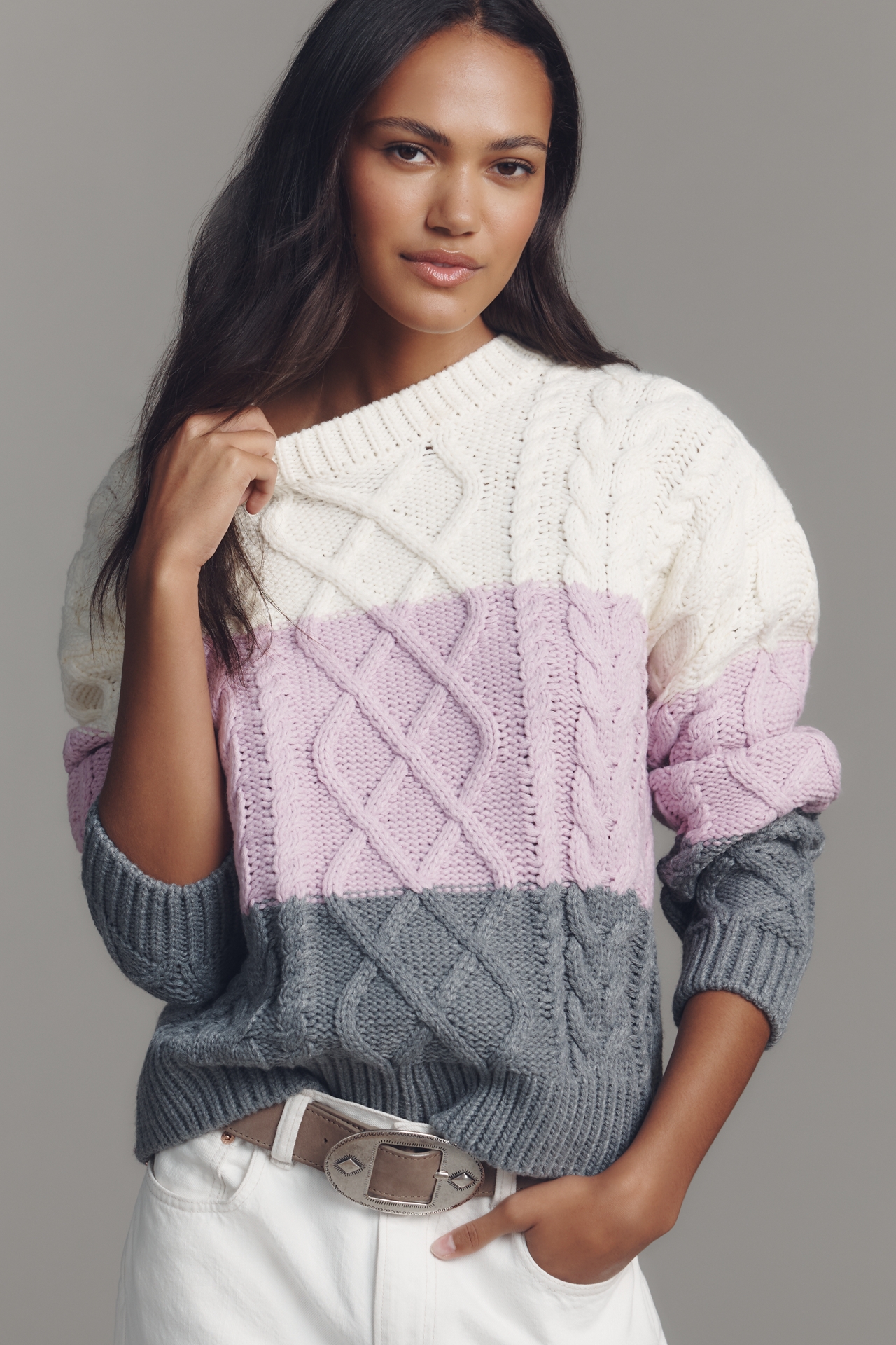 English Factory Colorblock Cable-Knit Sweater