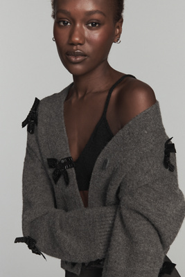 English Factory Bow-embellished Crop Cardigan Sweater In Gray