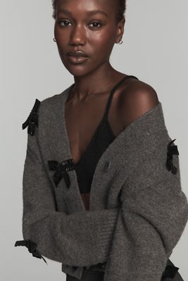 English Factory Bow-Embellished Crop Cardigan Sweater