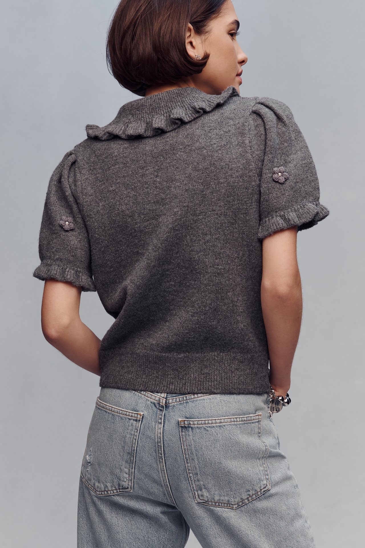 English Factory Pearl Short-Sleeve Collared Sweater