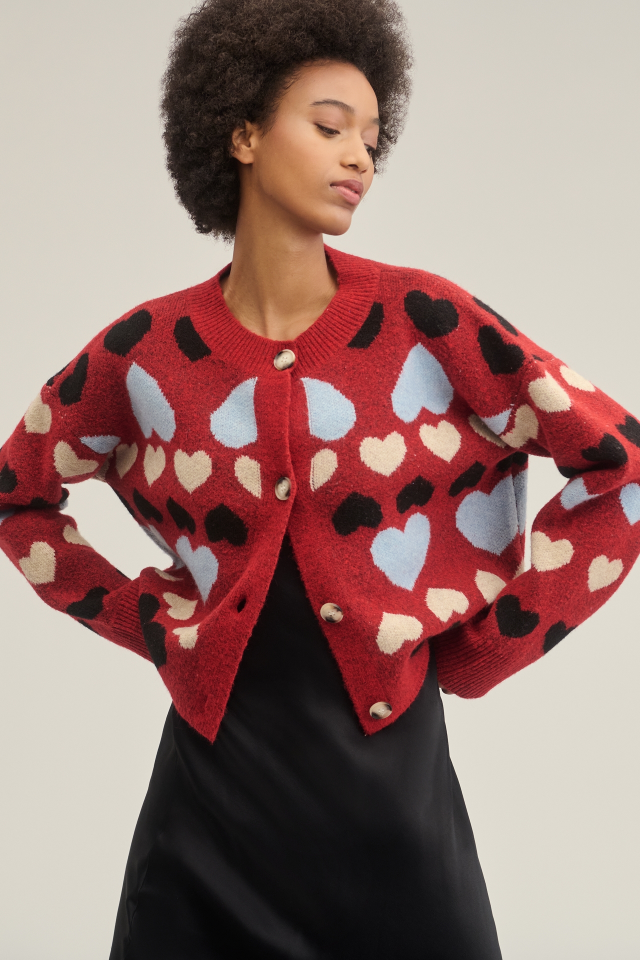 English Factory Crew-Neck Heart Icon Cardigan Sweater