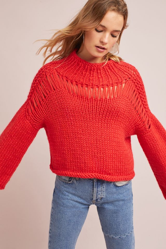 Hand-Knit Bell-Sleeve Pullover | Anthropologie