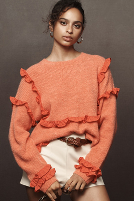 Self Contrast Crew-Neck Ruffle Sweater | Anthropologie