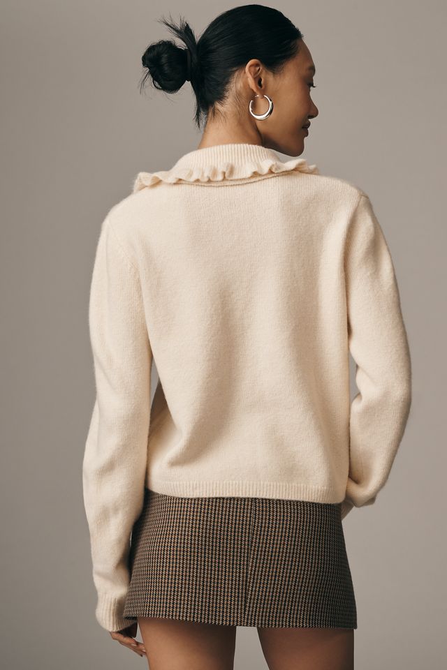 Self Contrast Ruffle-Collar Cardigan Sweater