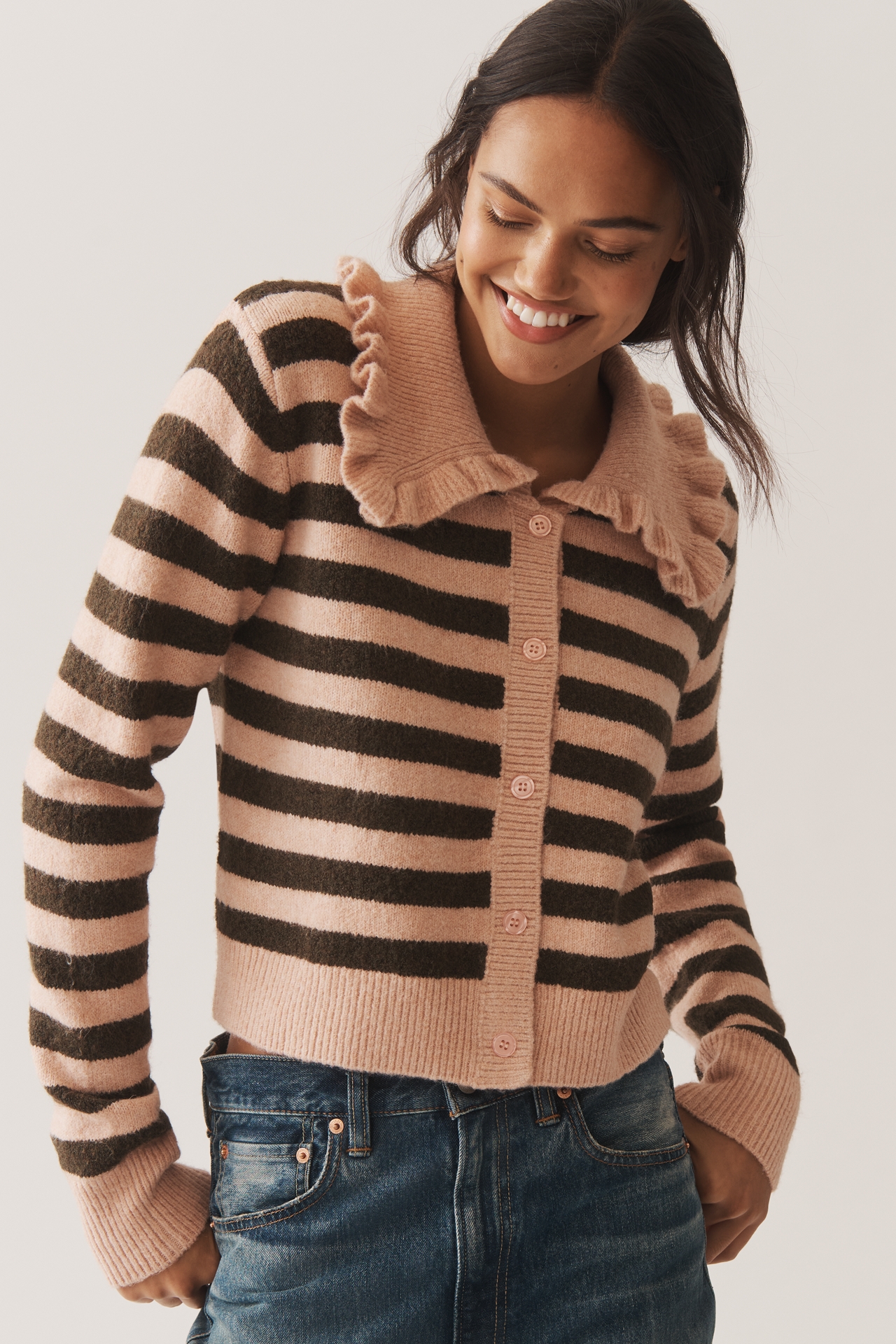 The Ainsley Ruffle-Collar Cardigan Sweater by Self Contrast