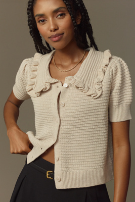 Self Contrast The Ainsley Ruffle-collar Cardigan By : Short-sleeve Edition In Beige