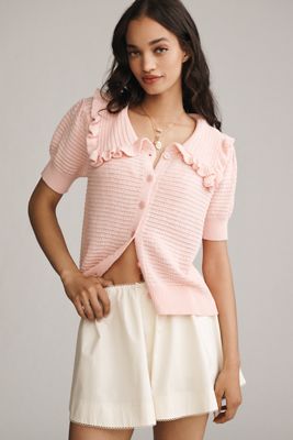 The Ainsley Ruffle-Collar Cardigan Sweater by Self Contrast: Short-Sleeve Edition