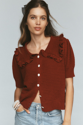 Self Contrast The Ainsley Ruffle-collar Cardigan Sweater By : Short-sleeve Edition In White