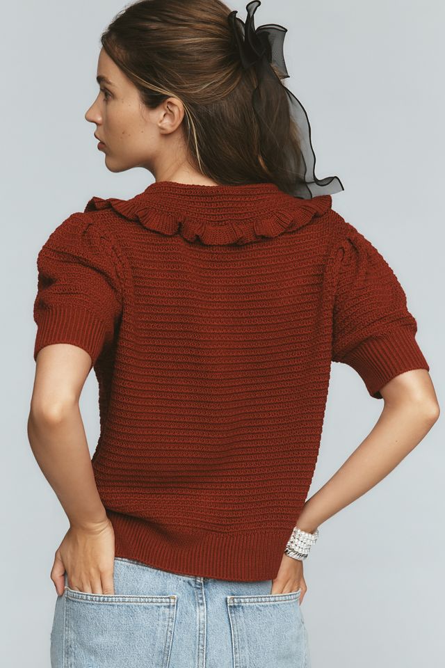 The Ainsley Ruffle-Collar Cardigan Sweater by Self Contrast: Short-Sleeve Edition