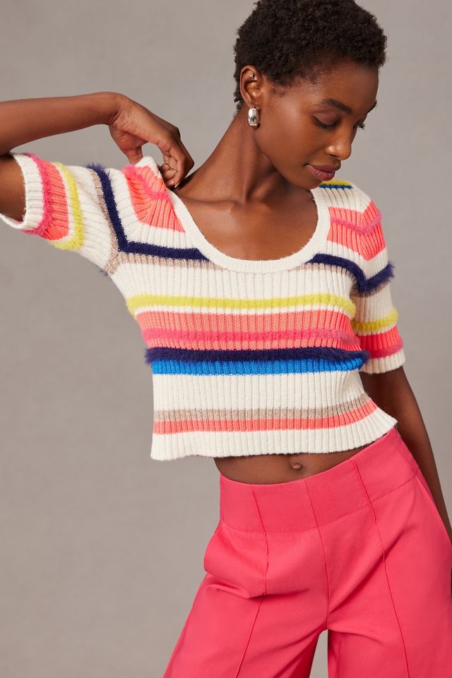 Maeve Short-Sleeve Multi-Stripe Eyelash Sweater | Anthropologie