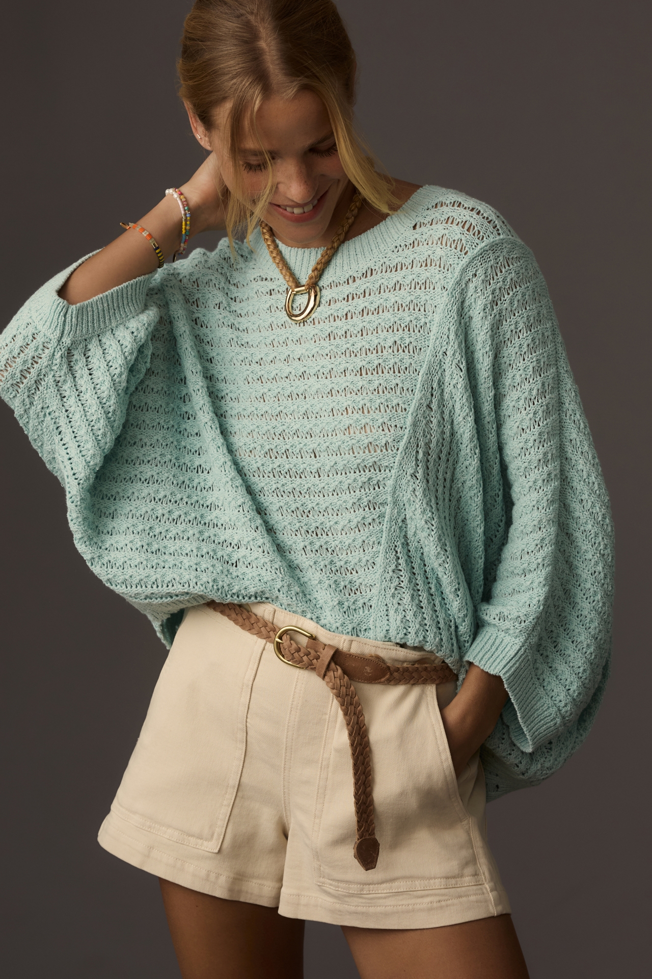 Pilcro Distressed Asymmetrical Open-Stitch Sweater