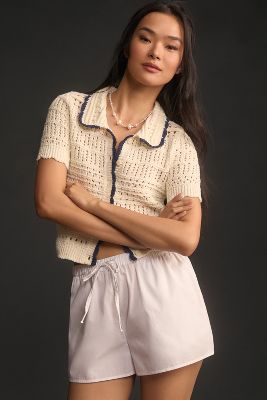 Shop Maeve Short-sleeve Open-stitch Polo Cardigan Sweater In White