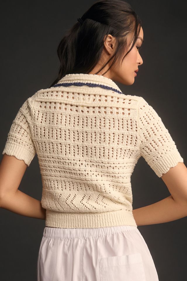 Maeve Short-Sleeve Open-Stitch Polo Cardigan Sweater #1