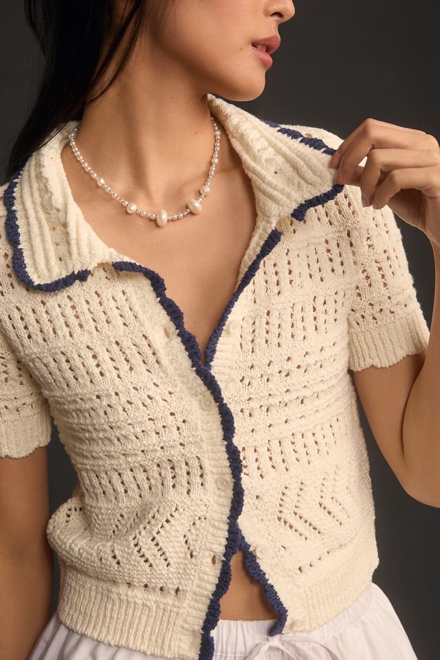 Maeve Short-Sleeve Open-Stitch Polo Cardigan Sweater #2