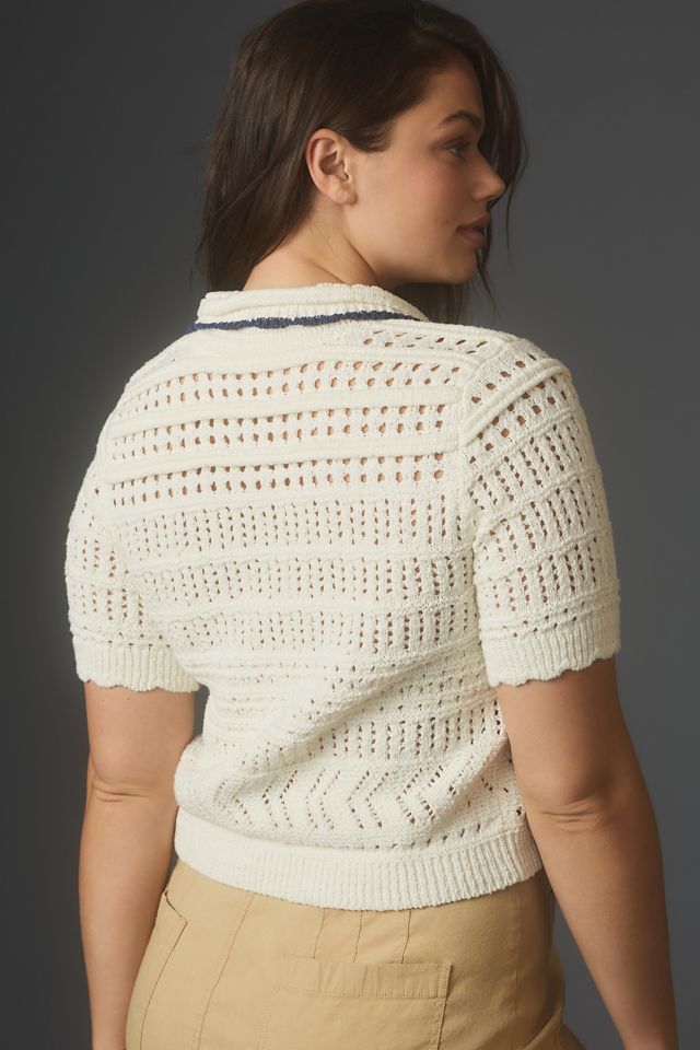 Maeve Short-Sleeve Open-Stitch Polo Cardigan Sweater #5